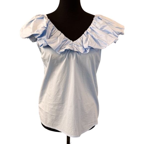 NEW ENGLISH FACTORY- Pastel Blue Ruffle Neckline Blouse Top Size S - Picture 6 of 11